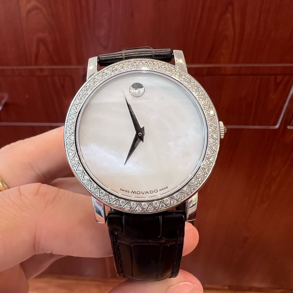 Movado Diamond Bezel Mother of Pearl Silver and Black Watch
